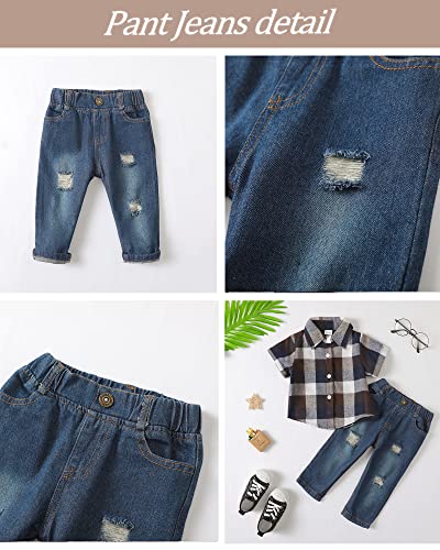 Nzrvaws 6-12 Months Boy Clothes Baby Boy Summer Outfit Toddler Boy Plaid T-Shirt+Ripped Denim Jeans Pants Set 2Pc Infant Boy Clothing #TOP4