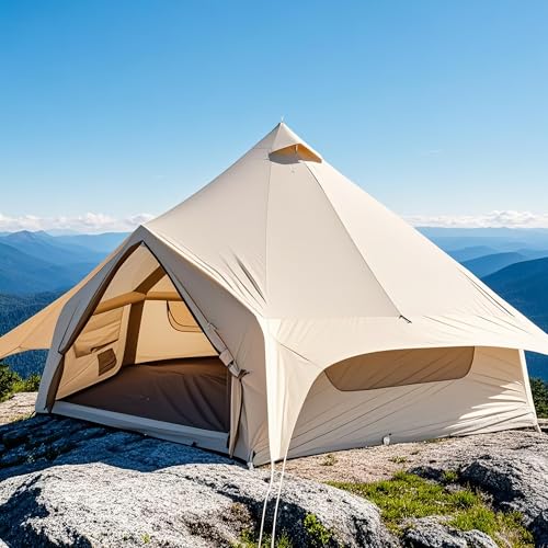 Inflatable Tents for Camping, Cotton Canvas Material Yurt Tent, Easy Setup & Portable Blow up Bell Tent with Stove Jack, Ideal for 4-6 Person, Beige