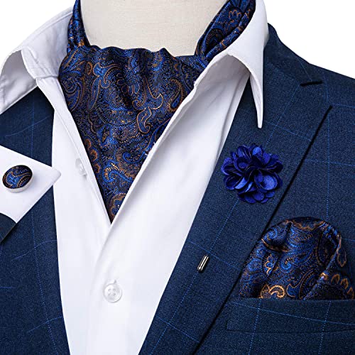 Image of DiBanGu Mens Silk Ascot Ties Paisley Jacquard Woven Cravat and Pocket Square Cufflinks with Lapel Pin for Business Wedding
