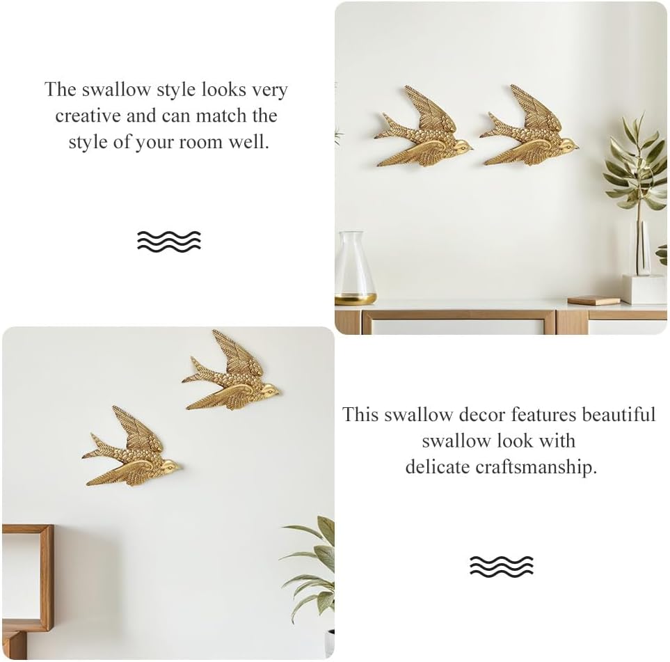 Yardwe 2 Pcs Resin Swallows Wall Decor 3d Bird Wall Sculptures Gold Finish for Living Room Bedroom Garden Hanging Decoration, 4.3x3.5x0.6 Inch