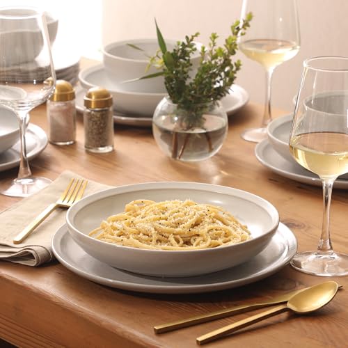 Image of Gibson Elite Beckett Stoneware Matte Reactive Glaze 16 Piece (Service for 4) Plates and Bowls Dinnerware Set - Linen White