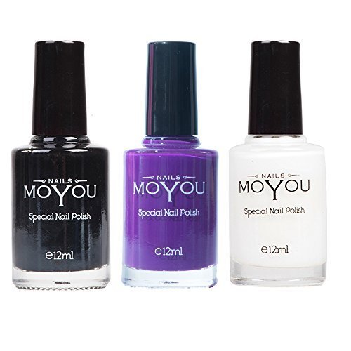 MoYou Lot de 3 vernis à ongles Stamping : noir, blanc et violet royal utilisés pour créer de beaux designs de nail art provenant directement du fabricant...