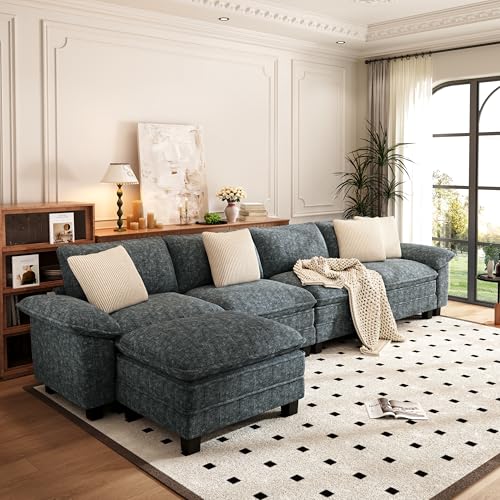 Image of PHI VILLA Cloud Modular Couch Sets, 157.5 inch Oversized Sectional Sofa with L-Shaped Chaise, 5-Seater Upholstered Couches with Movable Ottoman for Living Room, Chenille Dark Cyan