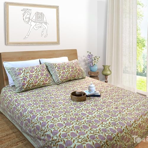 Image of TOAI Hand Block Printed Bedsheet | Bed Spread Flatsheet Bed Sheet | Pure Cotton | Queen Size 90 inchx108 inch | 300 TC Long Staple Cotton | 2 Reversible Pillow Covers |Royal Moments