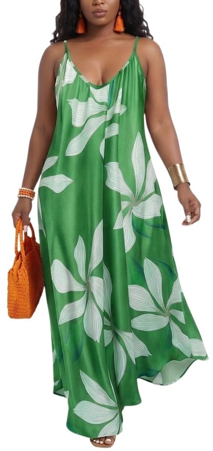 Image of Women's Summer Bohemian Green Floral Maxi Dress Music Festivals with Adjustable Spaghetti Straps Side Pockets -7 Small