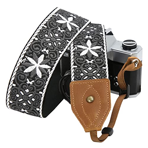 Padwa Lifestyle Camera Strap - 2" Wide Classic Vintage Crazy Horse Arts Cowhide Head Cotton Embroidered Universal Neck Shoulder & Crossbody Camera Straps for Photographers Gift and All DSLR Cameras
