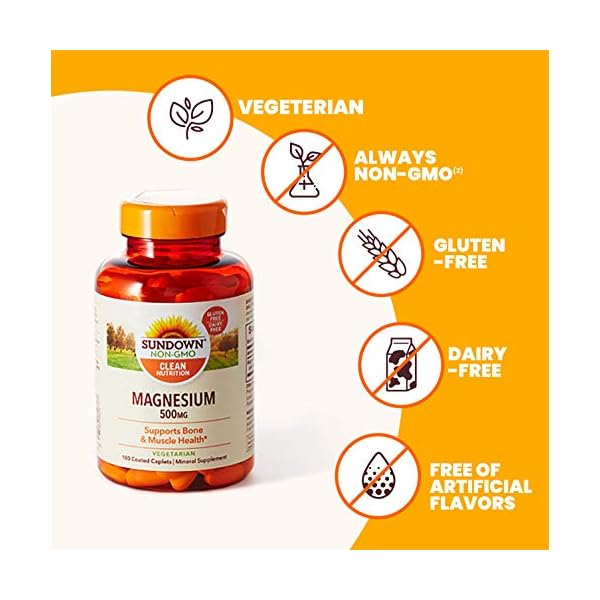 Sundown Magnesium 500mg, Supports Bone and Muscle Health, 180 Coated Caplets, 6 Month Supply
