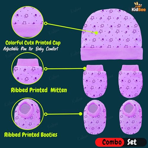 Image of Kidbee Baby Cotton Booties Mittens and Caps Combo for New Born Babies (0-6 Months)