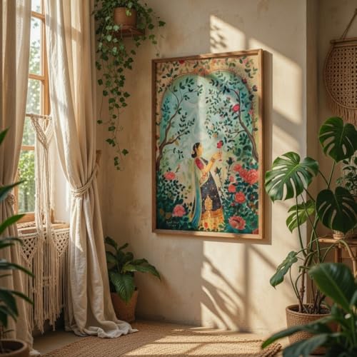Image of Livin'luxe Vintage Garden Lady Wall Art with Wooden Frame | Floral Nature HD UV Laminated Print on MDF | Elegant Indian Woman Painting for Living Room Bedroom Decor