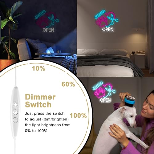 Image of Mutank Pet Shop Open Neon Sign, Paw Neon Light USB Powered LED Dimmable Scissors Sign, for Pet Shop Business Sign Pet Spa Pet Salon Animal Clinic Decor Pet Grooming and Welcome Sign(13.3 * 12.2 In)