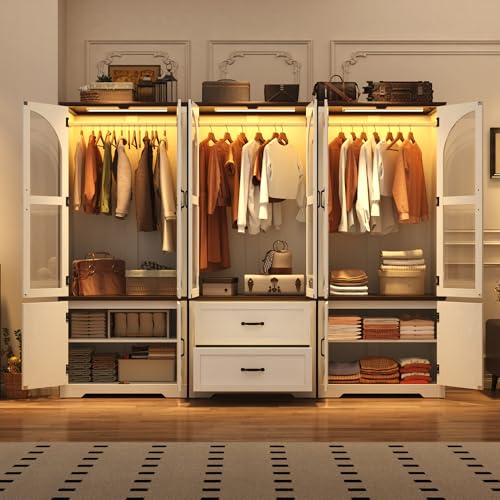 chartustriable white 6-door farmhouse armoire wardrobe with arched glass panels and top storage — showing the closed-door layout