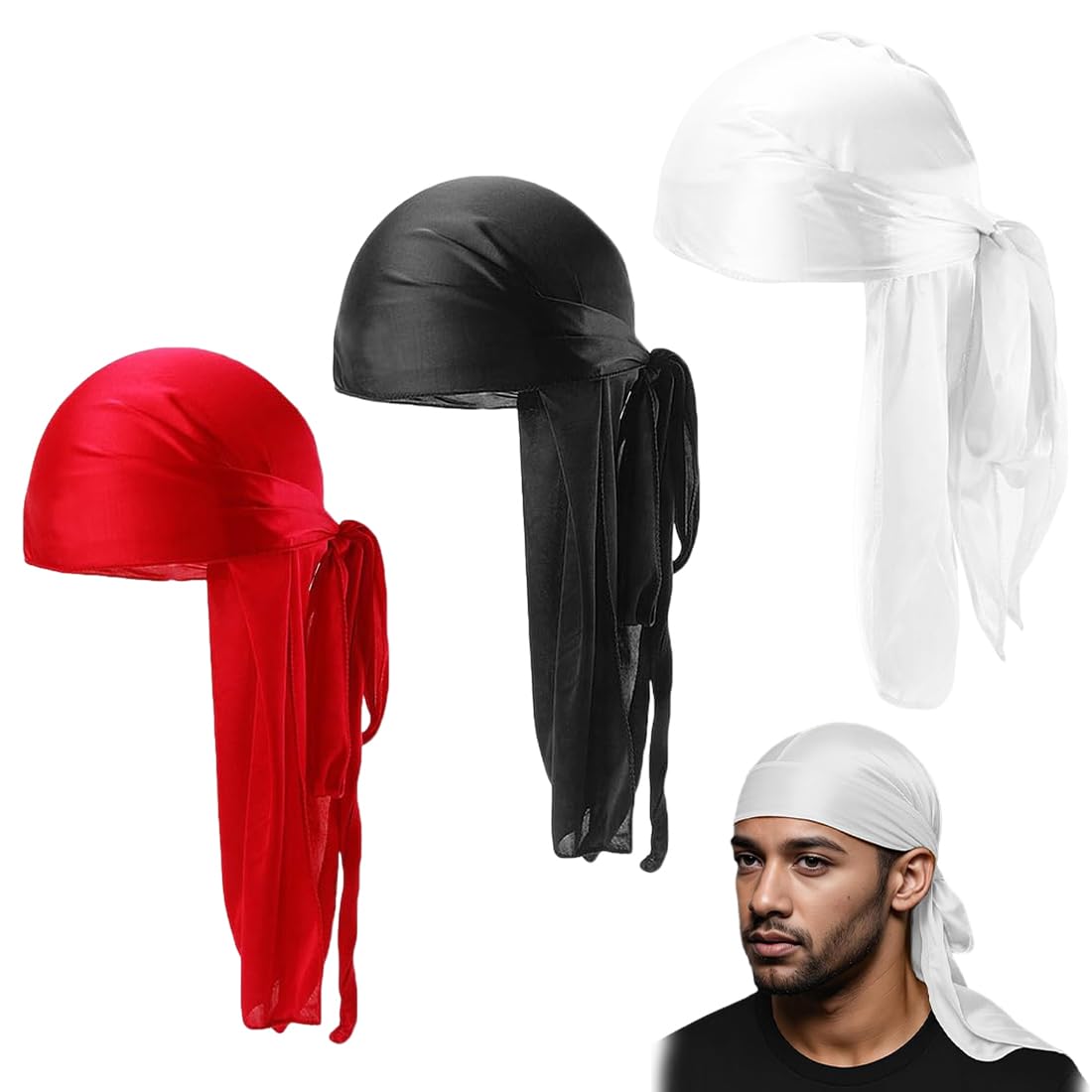 3 Pezzi Fasce Lunghe Durag per Capelli, Unisex, per Stile Hip-Hop, Protezione dal Sole, Colori: Rosso, Nero, Bianco