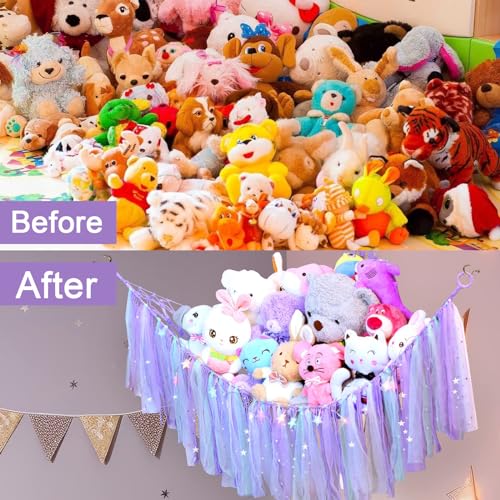 Toy Storage Hammock Stuffed Animals Net Hanging Toy Net Hammocks for Nursery Kids Room Macrame Boho Storage Hammock (Purple) - Image 6