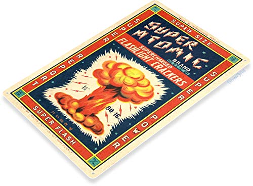 Tinworld Tin Sign: Super Atomic Firecrackers Fireworks Stand 4th July Independence Day New Years Metal Decor C560