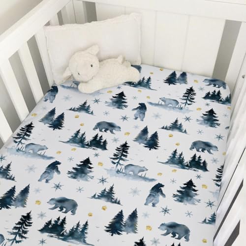 Image of Bear Snow Pine Trees Baby Crib Sheet 52''x28'' Stretchy Fitted Crib Mattress Sheet Winter Animals Soft Crib and Toddler Mattress Pad Cover for Boy Girl Nursery Bed Sheets