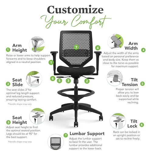 Image of HON Solve Standing Desk Chair with Breathable ReActiv Mesh Back, Adjustable Lumbar Support and Footring, Ergonomic Task Stool with Height Adjustable Arms for Sit‑Stand Workstations, Black