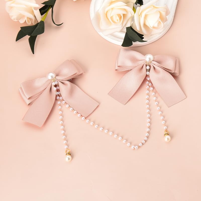Hair Bow Accessories for Girls Women Pink Hair Bow with Pearls Tassel Ribbon Bow Hair Clips Small Silk Hair Bows for Women Bow Decor Hair Clip Satin Bowknot Hair Clips Head Clips for Women's Hair image 4