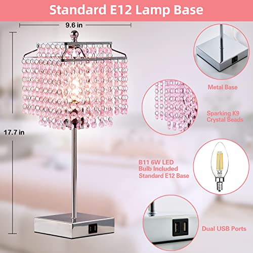 Image of Luvkczc Set of 2 Bedside Pink Crystal Table Lamp, Touch Control Crystal Lamp, Dimmable Lamp for Bedroom, Girl Living Room, 6W B11 Bulb Included