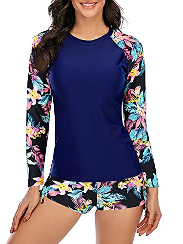 Century Star Women's Athletic Long Sleeve Rashguard UV Protection Two Piece Bathing Suit Swimwear Tankini Swimsuit Black Green Floral 10-12