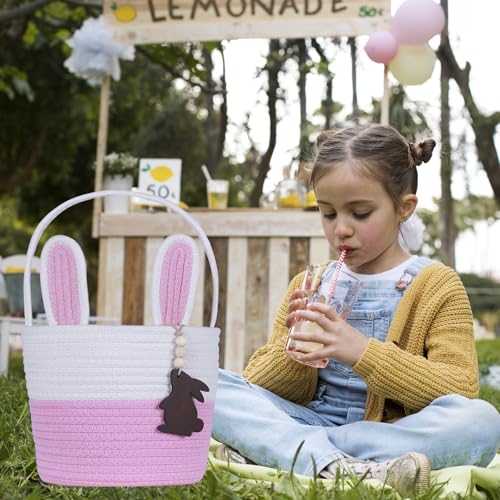 Image of Easter Basket, Empty Easter Baskets for Kids Boys Girls with Bunny Tag Egg Basket Eater Gifts Basket Toddler Teens Babys First Easter Basket with Handle Pink White