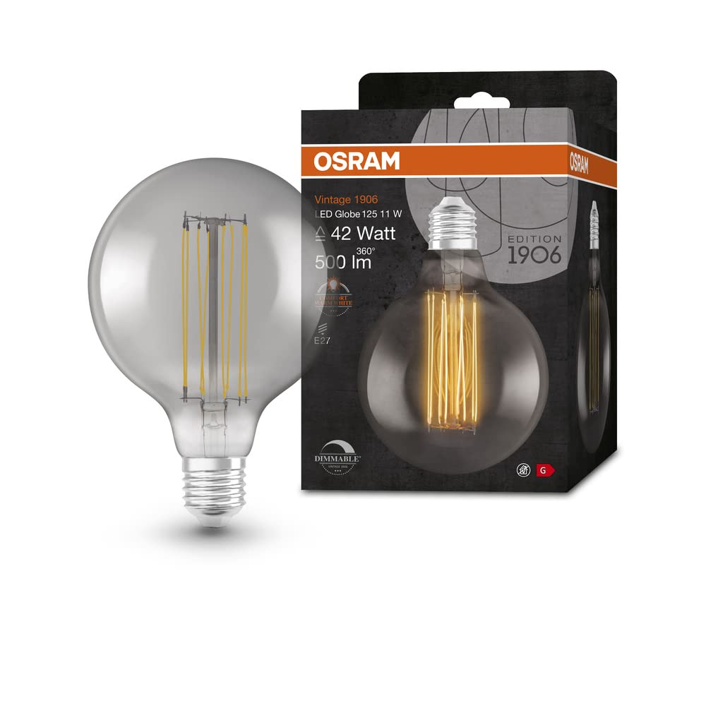 OSRAM Vintage 1906 Smoke Tinted LED lamp, 11W, 500lm, Globe Shape with 125mm Diameter & E27 Base, Warm White Light, Straight Filament, dimmable, Life of up to 15,000 Hours