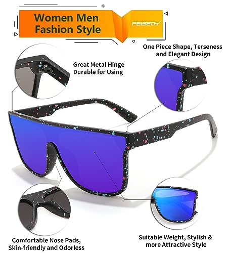 FEISEDY Men Women Polarized Sunglasses, Flat Top Trendy Oversized Square Shades UV400 B41414
