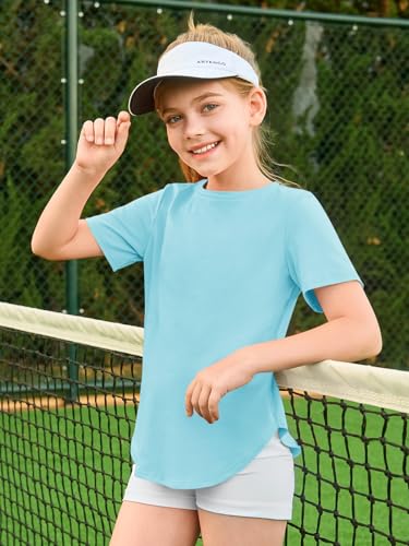 Image of Haloumoning Girls Summer Short Sleeve Shirt Kids Crewneck Curve Hem Soft Tunic Tops T-Shirts 5-14 Years