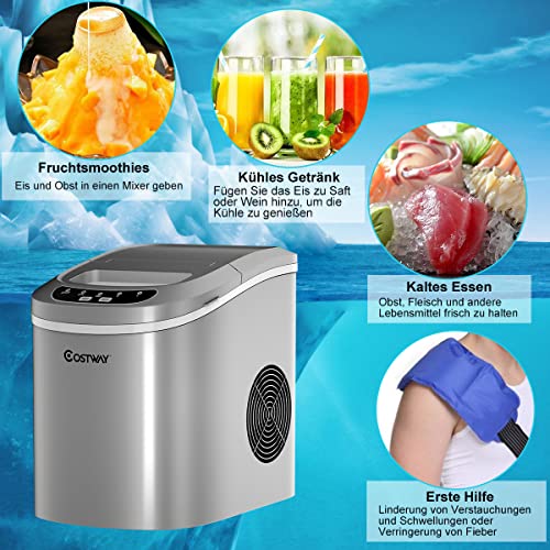 COSTWAY Eiswürfelmaschine 12KG/24H, Ice Maker 9 Eiswürfel in 6-13min, Eismaschine 2,2L Wassertank, Eiswürfelbereiter 2 Eiswürfelgrößen inkl. Schaufel, 25x36x33cm (Silber) – Bild 4