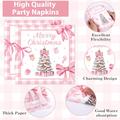 Image of 96Pcs Pink Christmas Tree Party Decorations Pink Bow Plates and Napkins Tableware Buffalo Plaid Dinnerware for Merry Xmas Winter Holiday Party Supplies 24 Guests