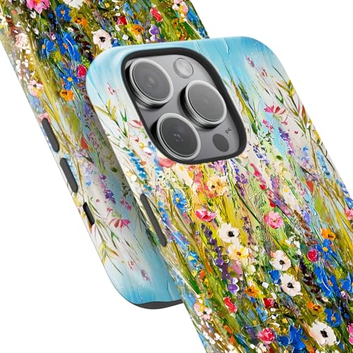 Image of Goodon for iPhone 13 Pro Max Case Cute - Wireless Charging Compatible - Dual-Layer Hard Shell + Silicone Cover - Protective Phone Case with Trendy Designs for Women - Wildflowers Painting