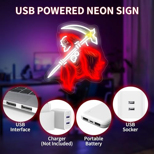 Image of Skull of the Reaper LED Neon Sign USB Powered for Wall Decor, Horror Neon Night Light Sign Dimmable for Room Party Decor Halloween Birthday Gifts