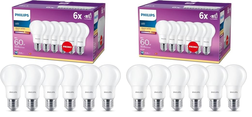 Philips LED Classic E27 Lampen 6-er Pack (60 W), matte LED Lampen mit warmweißem Licht, energiesparende Lampen mit langer Nutzlebensdauer, alte Generation (Packung mit 2)
