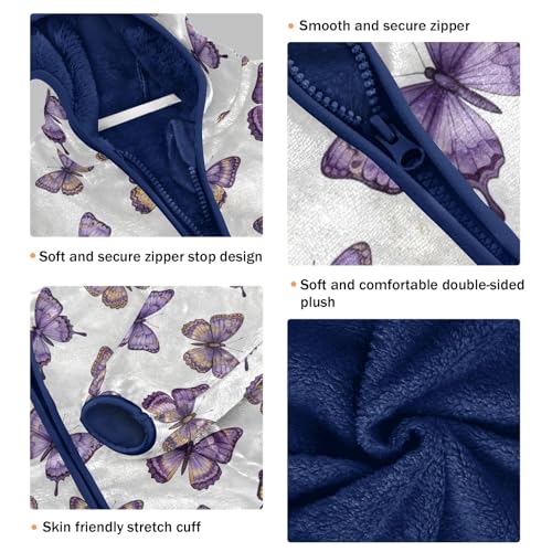 CHIFIGNO Butterflies Purple Kids Hooded Jacket, Comfy Lightweight Fleece Outerwear Jackets 3T3