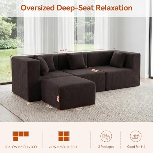 Image of MONVANE 103'' Modular Sectional Sofa, Comfy Teddy Velvet Cloud Couch with Ottoman, Modern Convertible L Shaped Couch with Deep Seat, Sectional Couches for Living Room, Bedroom and Apartment, Brown
