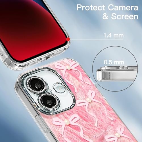 Image of VONZEE Compatible with iPhone 16 6.1'' Case Luxury Pink Girly Cute 3D Bow Pearl Glitter Bling Case with Full Camera Protection Shockproof Case PC+TPU Glossy Shiny Cover for Girls Women, Pink
