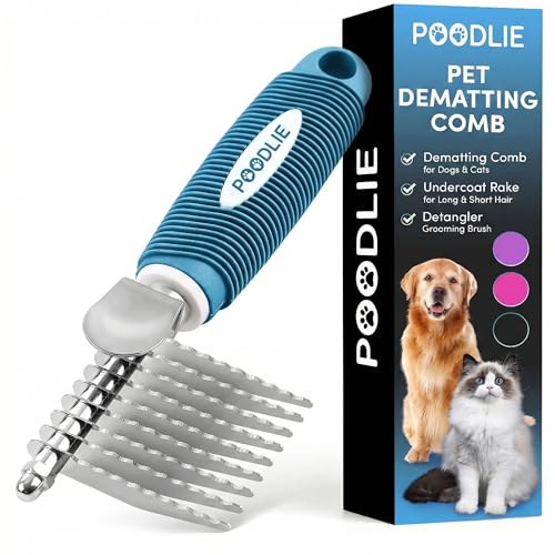 Poodle Dematting Fur Rake Comb Brush for Dogs and Cats - Long 2.5' Steel Safety Blades Metal Comb for...