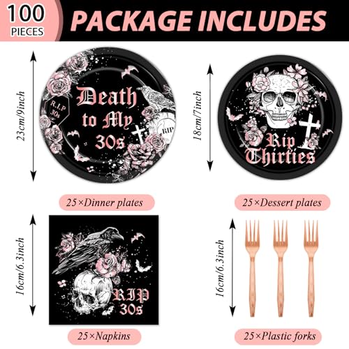 Image of Qyeahkj 100 Pcs 40th Birthday Party Supplies Death to My 30s Paper Plates and Napkins Set Black Rose Gold Rip to My 30s Disposable Tableware Decorations for Women Thirties Funeral Youth Serve 25 Guest