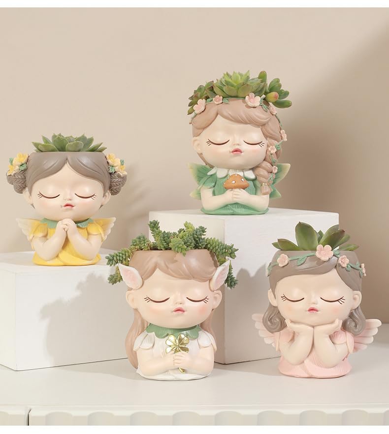 Hosoncovy Cartoon Elf Girl Succulent Plants Plant Pot Small Plant Vase Resin Planter Desk Plant Pot Home Ornament (B) - Image 3