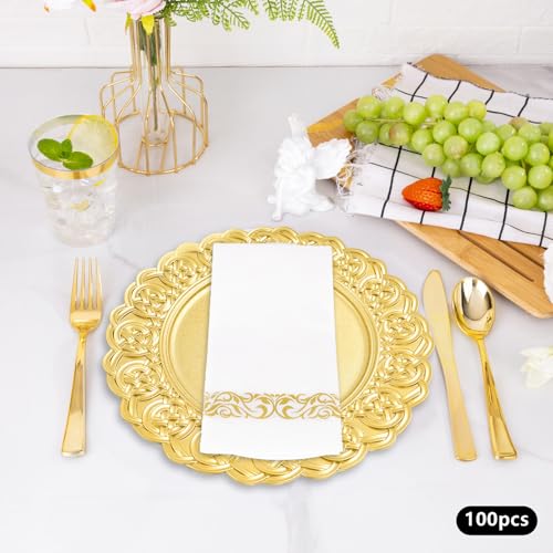 100 Platos Cargadores Plásticos Redondos 13" Dorados miniatura 6