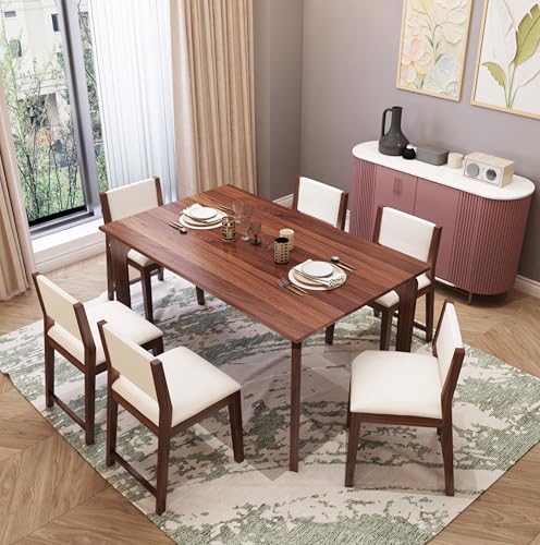 Image of MURALICRAFT Sheesham Wood 57 inch Dining Table 6 Seater | Six Seater Dinning Table Set with 6 Upholstered Dining Chairs | Table Top: Premium Sheesham Wood | Chair: Curved Design | Easy Assembly, Walnut