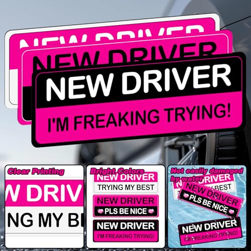 Image of 3Pcs Rose Red Student New Driver Car Magnetic Bumper Stickers Logo, Brightly Colored Safety Warning Signs for Women, Funny Car Magnet Accessories Stickers Suitable for Students and Novice Drivers