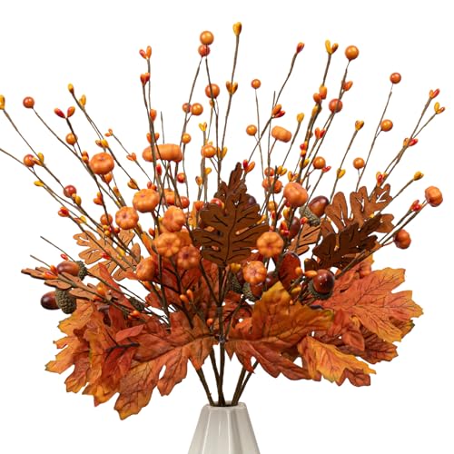 MG MagicGarden 8 PCS 17 Inch Fall Maple Leaves Stems Artificial Fall Picks Autumn Berry Stems with Pumpkins Acorns for Thanksgiving Day Harvest Festival Home Indoor Decorations