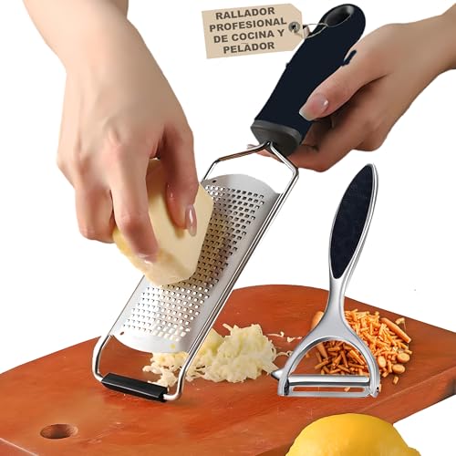 ONLYNDS® SUPER Rallador Para Cocina PREMIUM 2 En 1 De Acero Inoxidable MULTIFUNCIONAL + Pelador Para Patatas, Verduras y Frutas | Rallador De Queso | Rayadores De Cocina | Rallador De Verduras