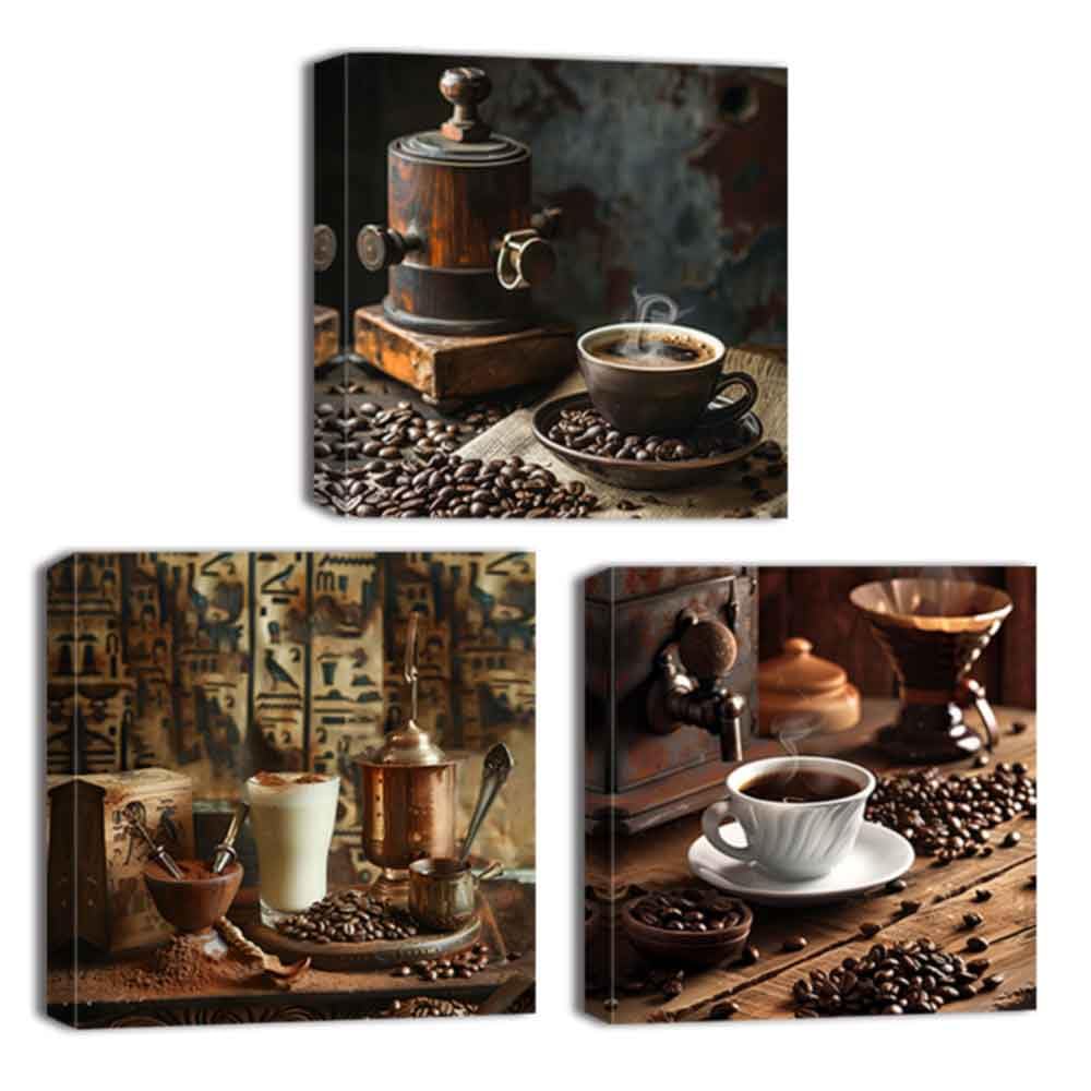 ZQQART 3 Pcs Coffee Canvas Wall Art for Kitchen Vintage Brown Coffee Bean Picture Wall Decor Coffee House Painting Prints Dining Room Decor Frame(Black,24.00"x24.00"x3Pcs)