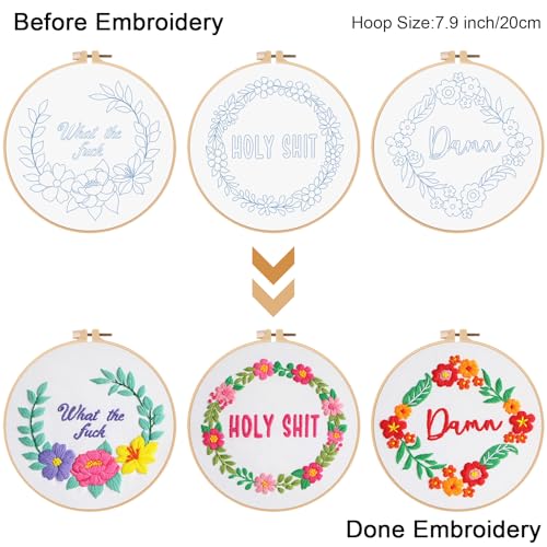 Image of Louise Maelys 3 Pack Flower Embroidery Kit for Beginners, Cross Stitch Kits for Adults, DIY Needlepoint Kits with Pre Printed Patterns, Hoop, Threads and Clear Instruction