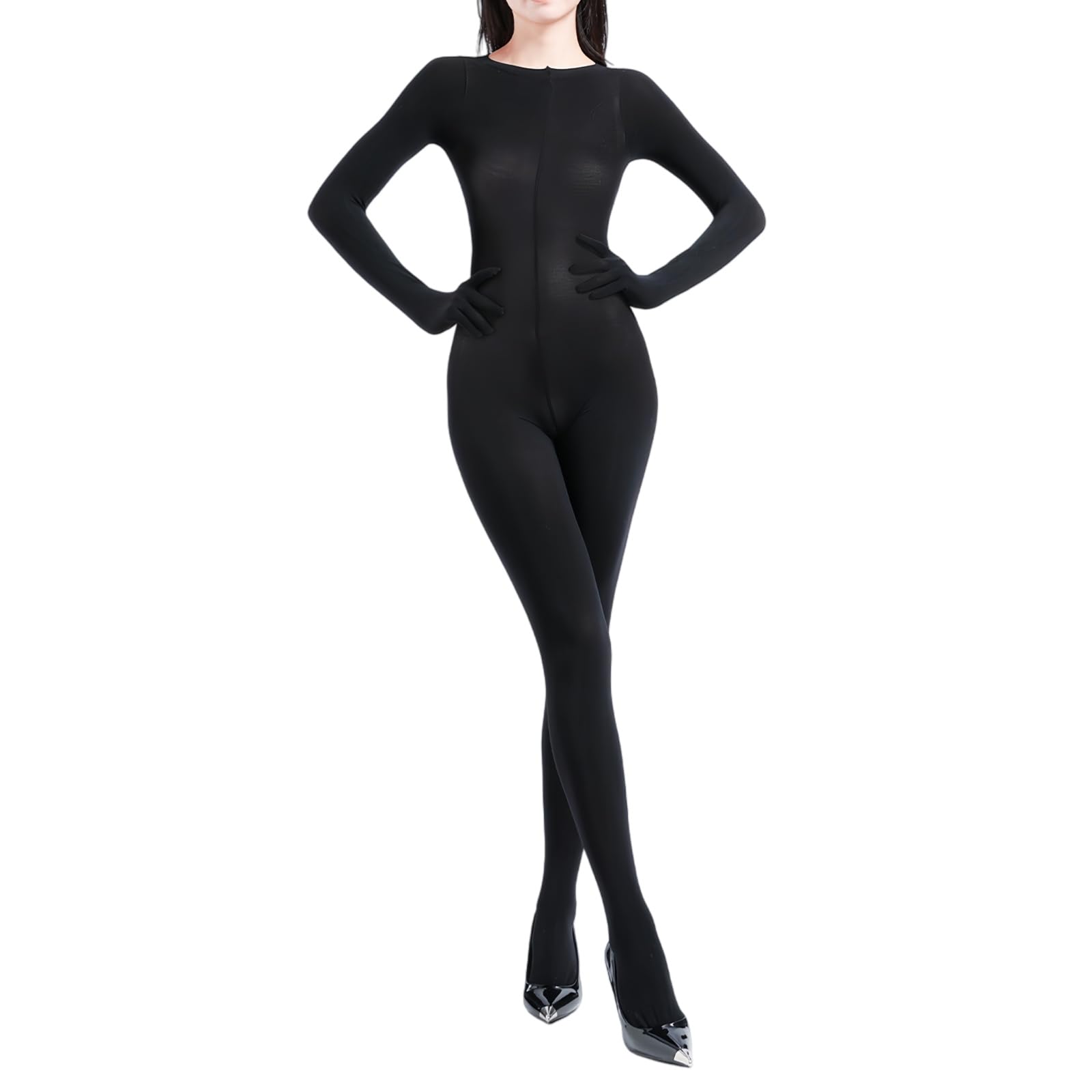 Body Stockings for Women Long Sleeve Full Body Bodysuit Includes Five Finger Glove Bodystocking Velvet 120D