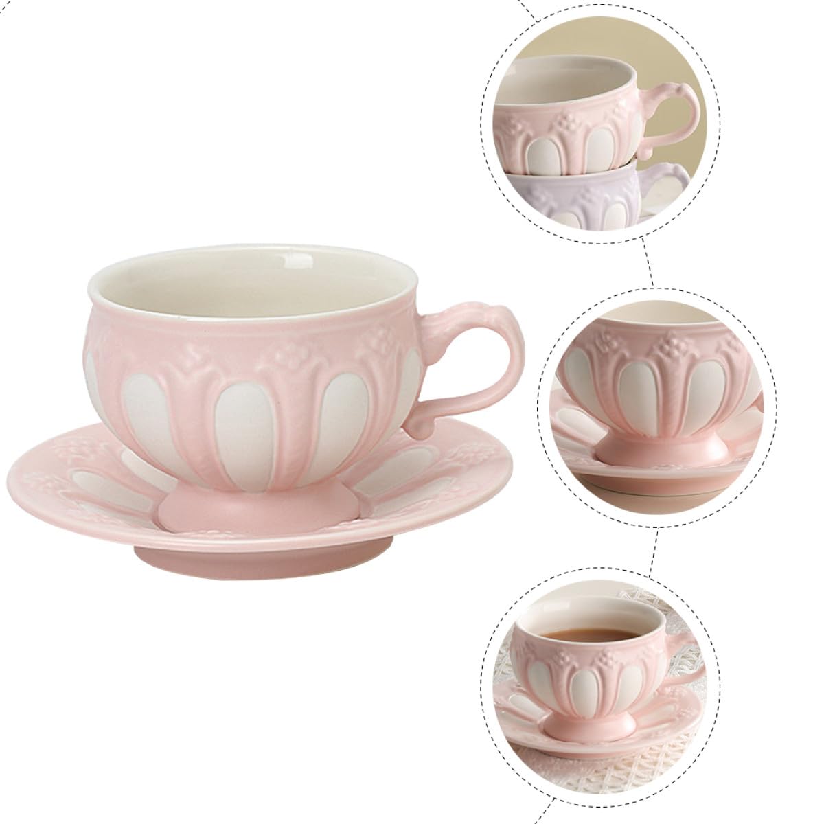 Juego de Tazas y Platillos de Cerámica Rosa Estilo Europeo Diseño en Relieve, Bordes Suaves y Cómodo para Café o Té en Cafetería o Pastelería