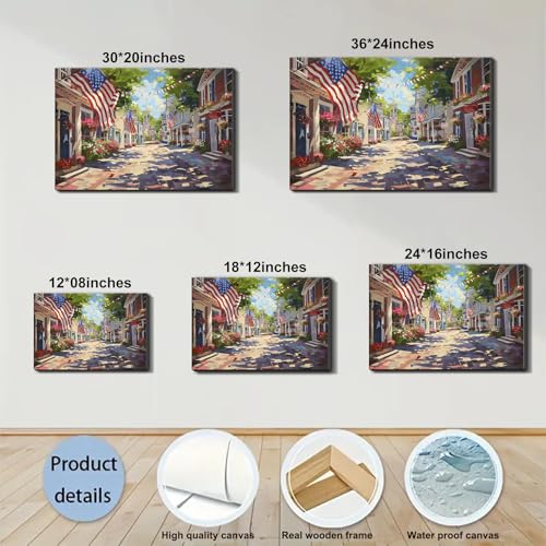 Image of Framed Patriotic Small Town USA Wall Art, American Flag Street Canvas Art Pictures, Vintage Main Street Wall Decor for Living Room Entryway Dining Room, Ready to Hang Made in USA