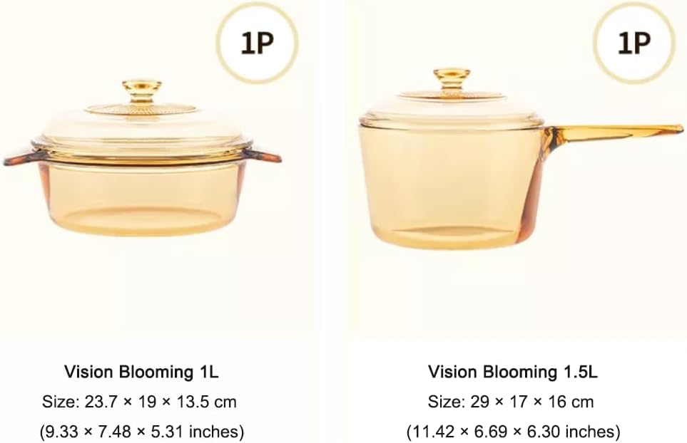 Visions Glass Ceramic Cookware Set 1L + 1.5L – Transparent Heat-Resistant Glass Pots with Lid, Easy-Grip Handle & Multi-Stovetop Compatibility