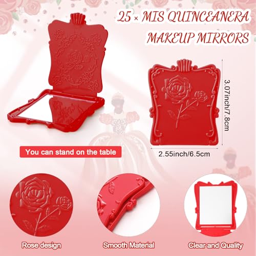 Wenqik 25 Set Quinceanera Party Favors for Guests Include Rose Compact Mirror Quinceanera Card and Organza Bag Mis Xv Sweet 15th Birthday Party Favors (Red) by Wenqik - Used condition - Image 2